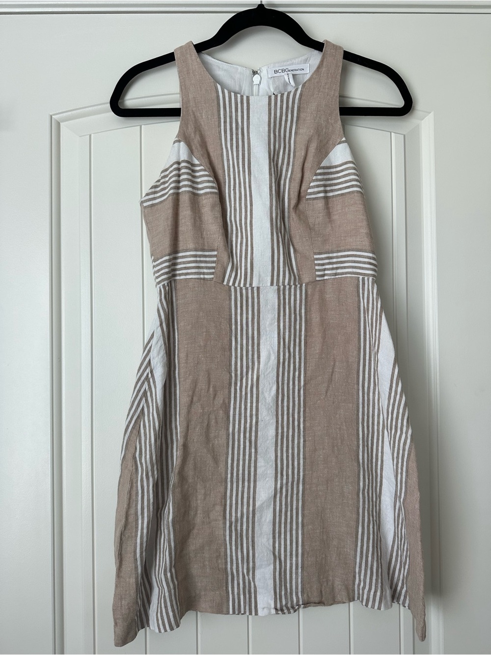 BCBGMaxAzria Beige and White Striped Sleeveless Mini Dress